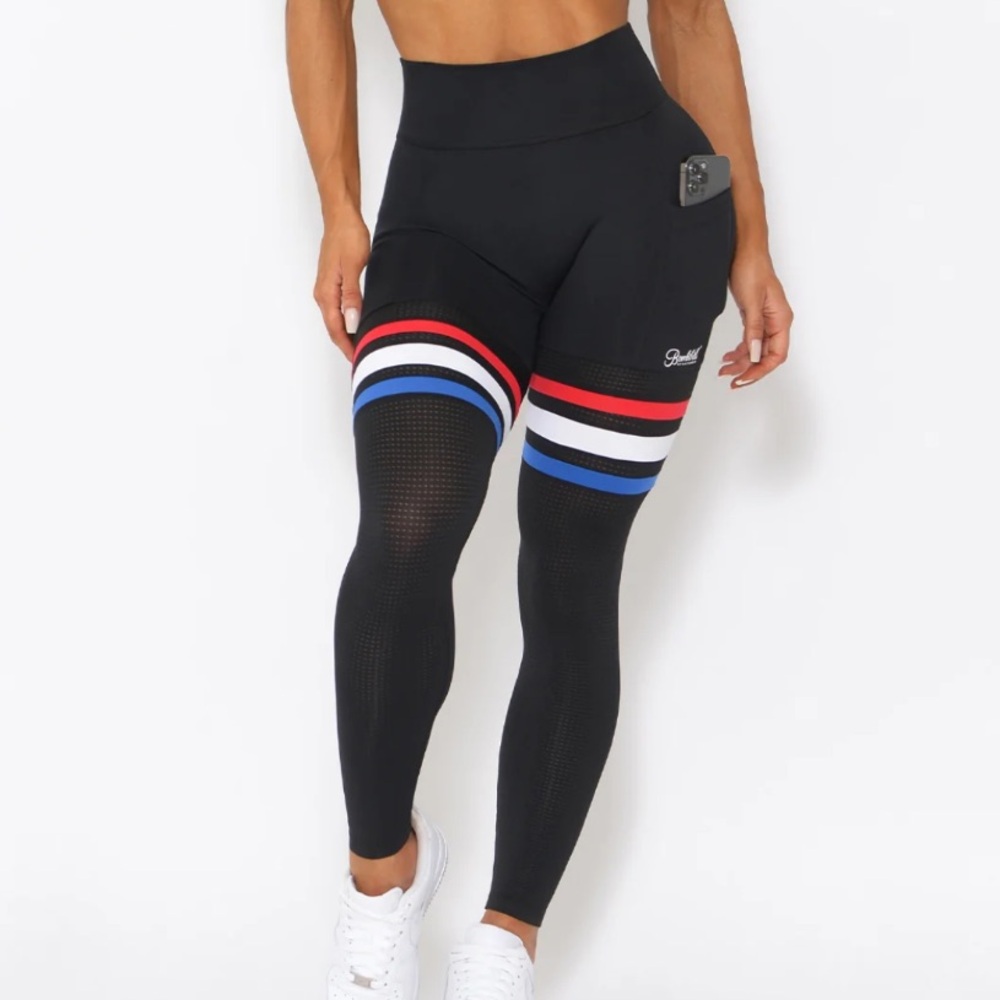 Bombshell Sportswear Black Leggings with Red, White, and Blue Stripes